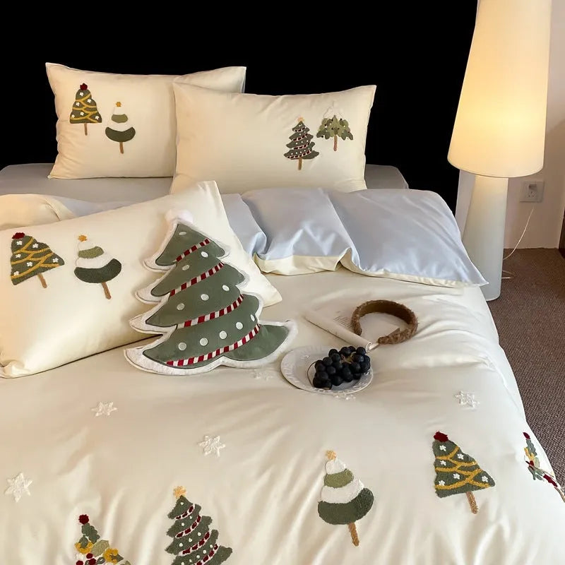Cream blue duvet cover with embroidered Christmas tree and towel pattern, part of a pure cotton four-piece bedding set.