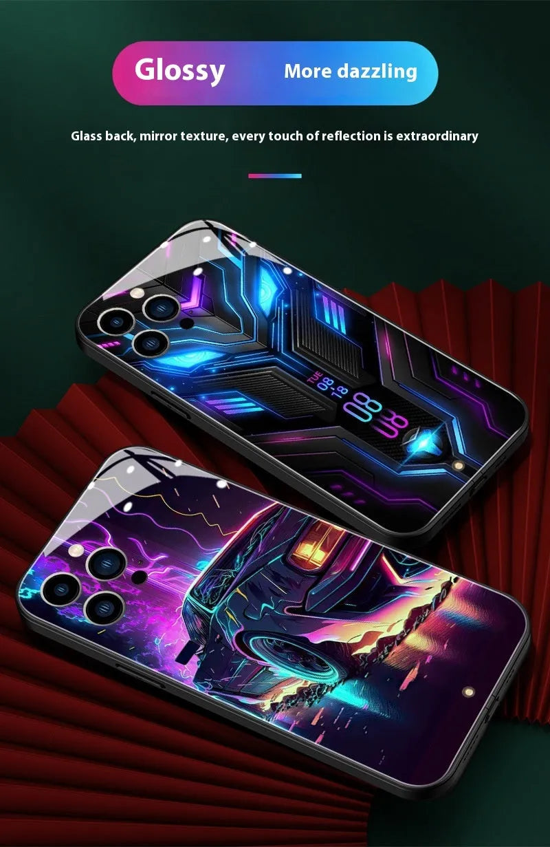 Racing car creative style light glass phone case in green or purple, half pack design for iPhone 11 to 15 series