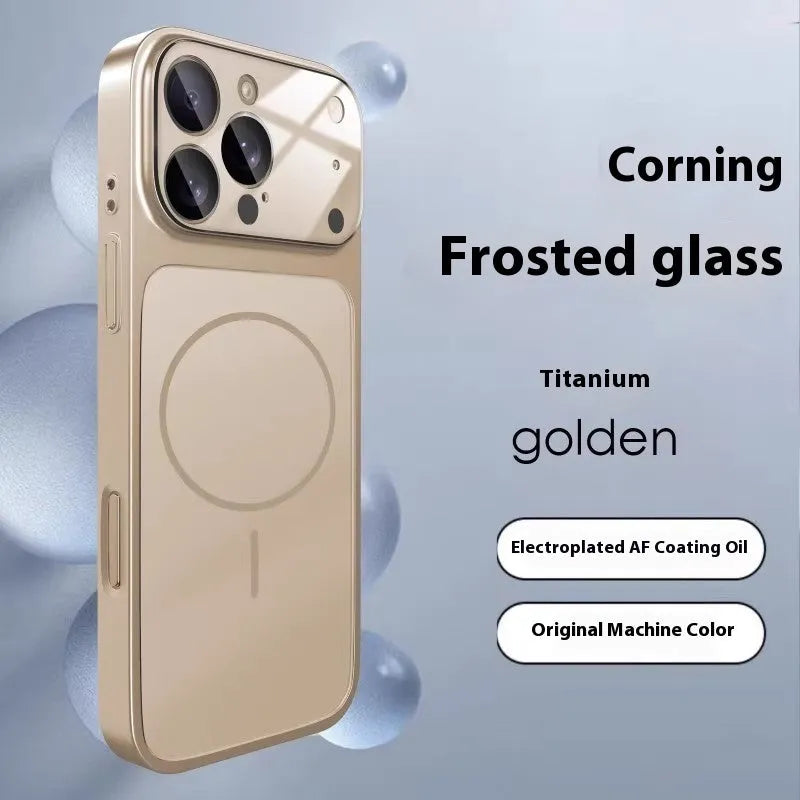 Frosted tempered glass magnetic phone case for iPhone, shown in titanium grey colour.