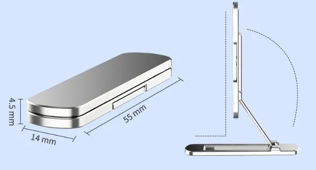 Foldable aluminium phone holder in silver, 55x14x4.5mm, with 360° rotation and 180° extension.