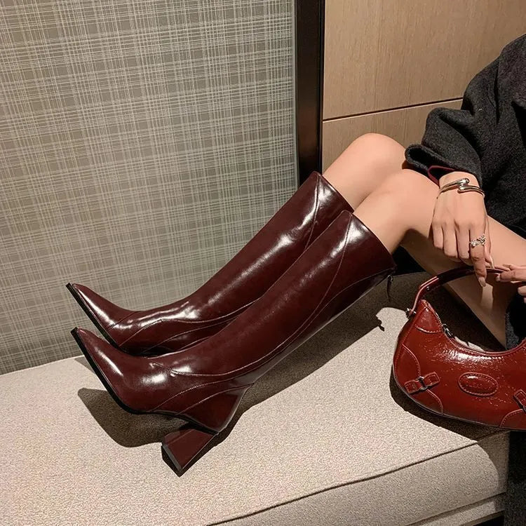 Retro brown cowhide women's riding boots with a high shaft and waterproof platform heel.
