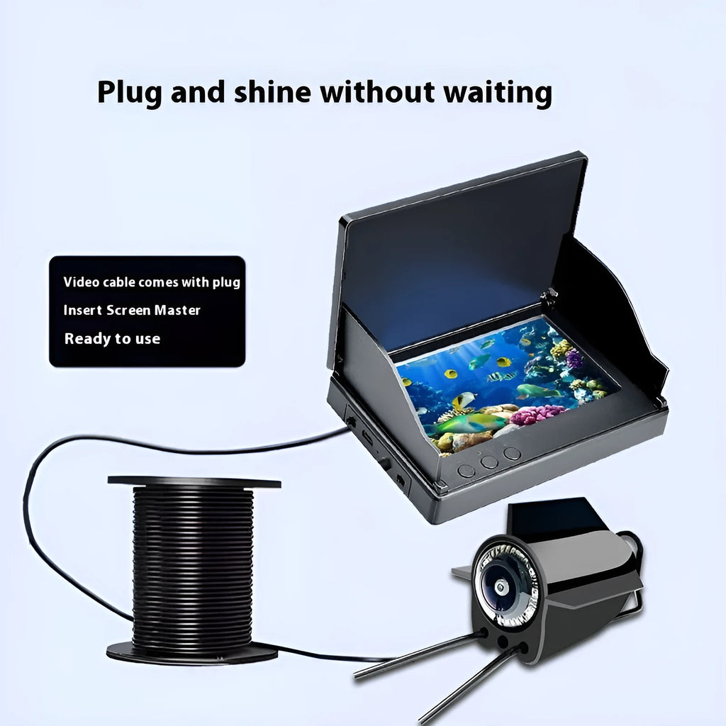 Underwater fish finder camera with 4.3-inch screen, wide-angle lens, and temperature sensor on a fishing boat.