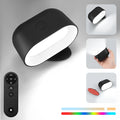 Oval-shaped white remote touch magnetic wall lamp stuck to a wall, showing remote control.