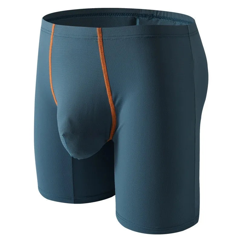 Men's ice silk nylon boxers with U convex pouch in mid-waist fit, shown in light green.