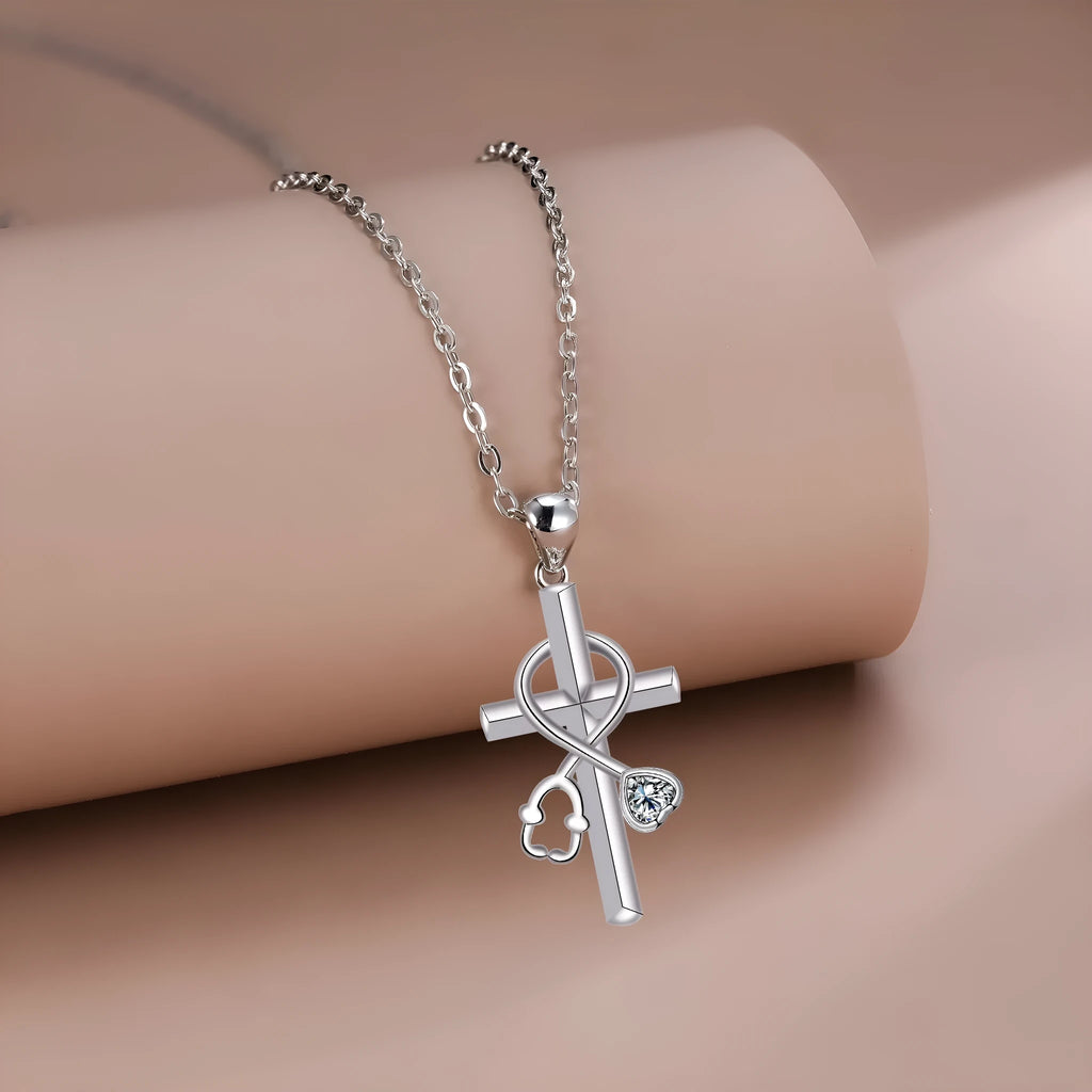 Copper stethoscope necklace with cross chain and electroplated finish