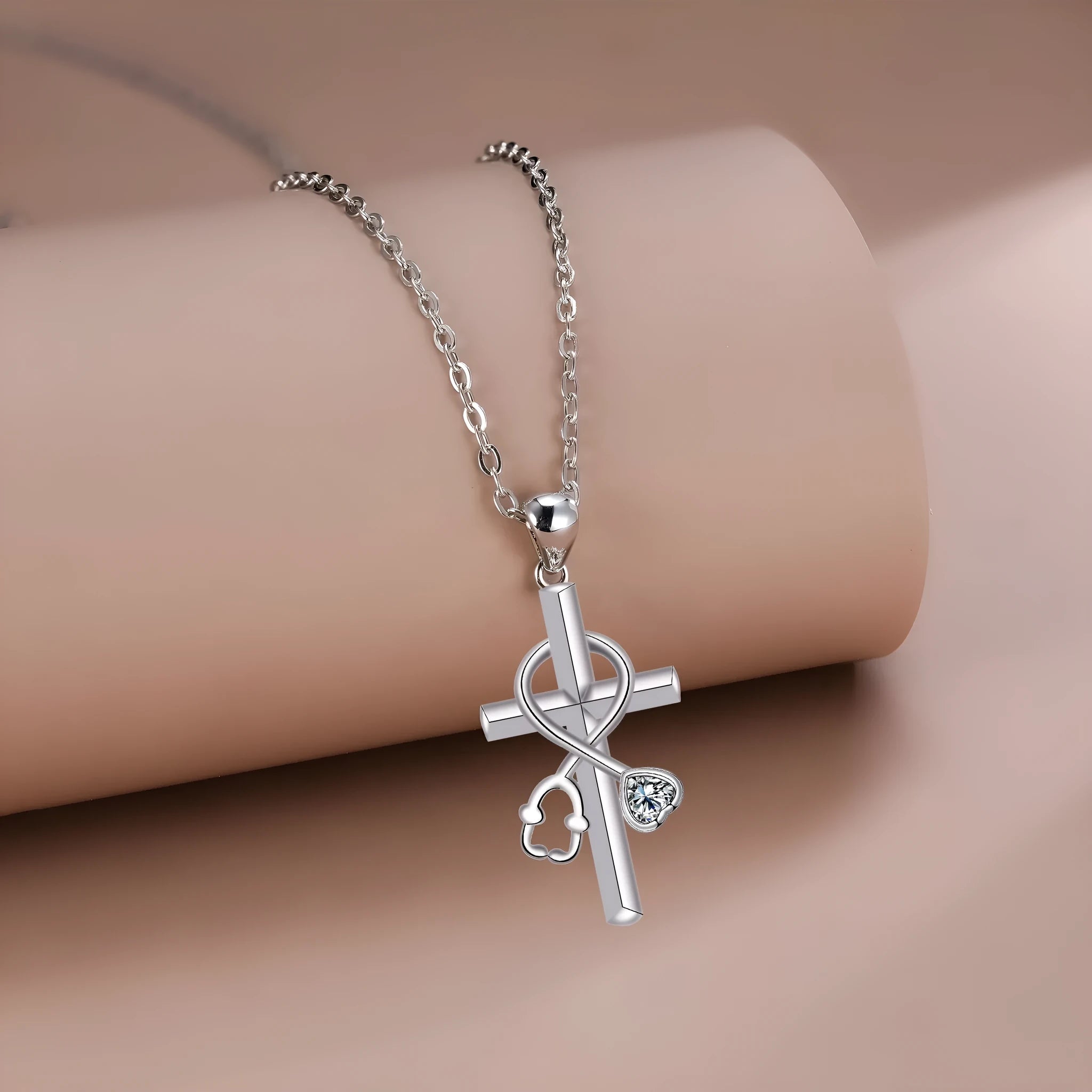 Copper stethoscope necklace with cross chain and electroplated finish
