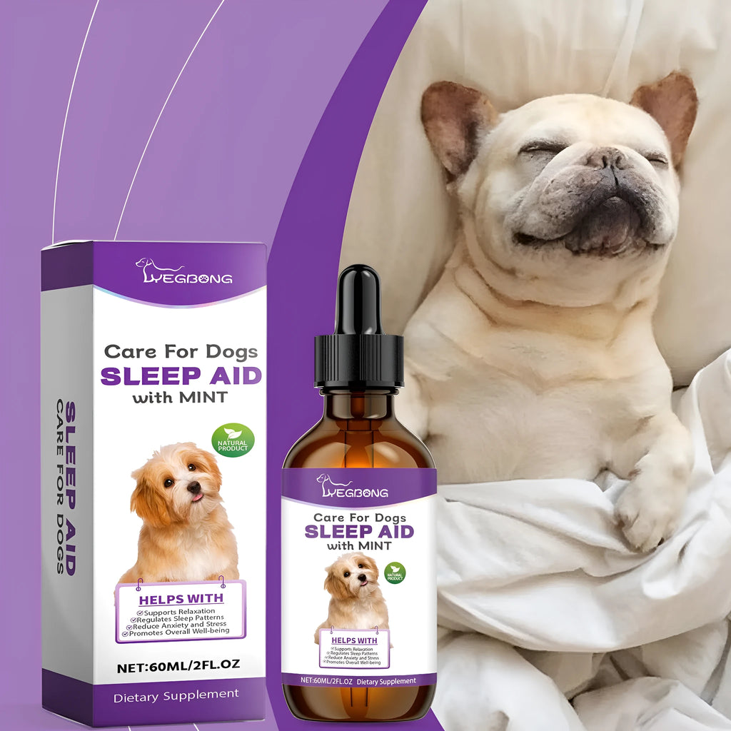 60ml bottle of dog sleep drops liquid supplement with mint extract for veterinary care