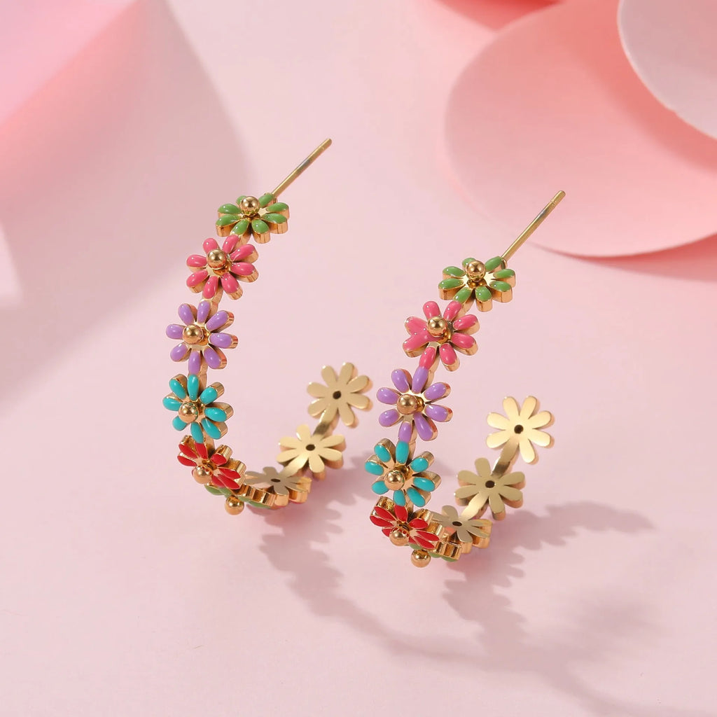 Stainless steel flower bracelet with oil dripping colour and geometric design, electroplated fashion OL style for women