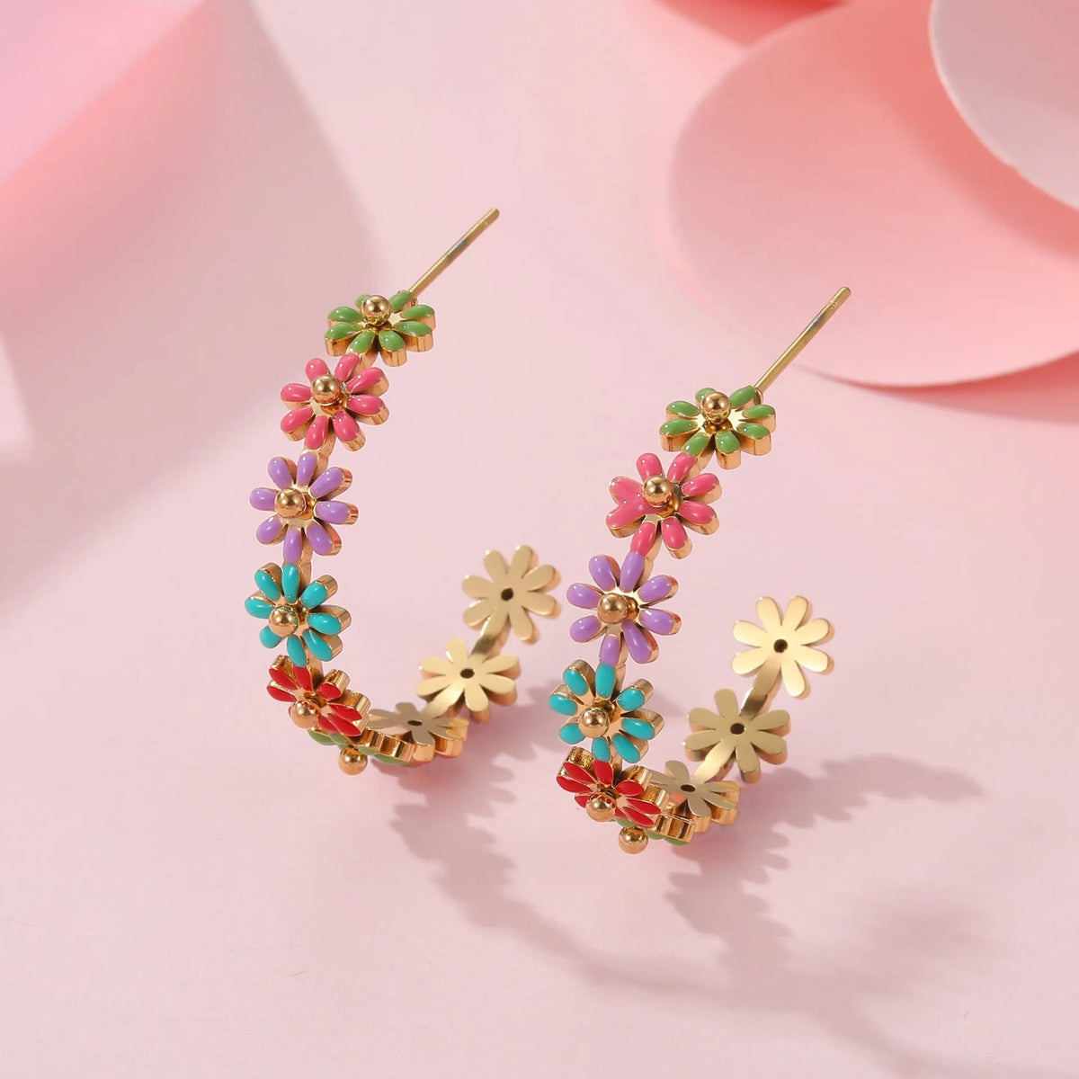 Stainless steel flower bracelet with oil dripping colour and geometric design, electroplated fashion OL style for women