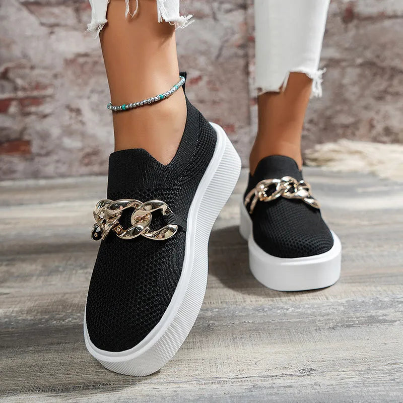 Women's breathable mesh chain flats with low heel, black colour, round toe, and EVA sole