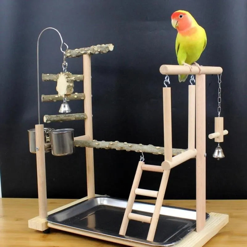 Pepper wood parrot toy stand with Xuanfeng Xiaotai design and tiger skin peony decoration