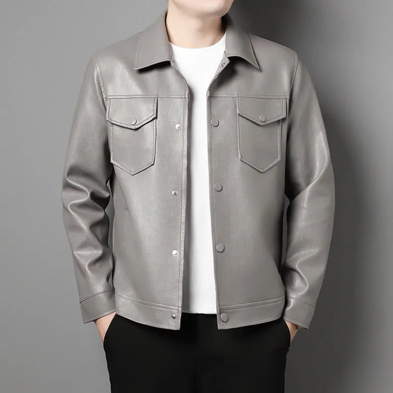 Men's black or light gray printed synthetic leather jacket, slim fit lapel, straight hem, no hood, sizes L to 4XL