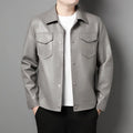 Men's black or light gray printed synthetic leather jacket, slim fit lapel, straight hem, no hood, sizes L to 4XL