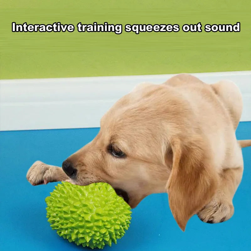 Beige, green and yellow durian-shaped dog chew toy with raised texture for dental cleaning