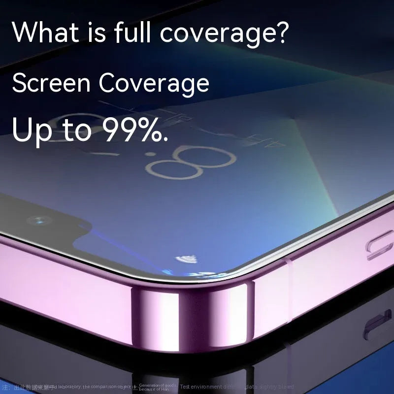 Tempered glass screen protector for iPhone with anti-fingerprint and anti-blue light features.