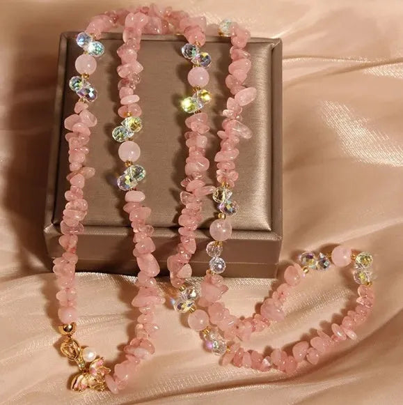 Natural quartz sand stone necklace with alloy pendant and crystal gravel beads in amethyst, citrine, or pink colour.