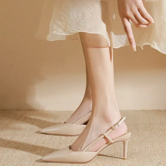Apricot women's high-heeled sandals with one-line buckle toe strap and thin belt design
