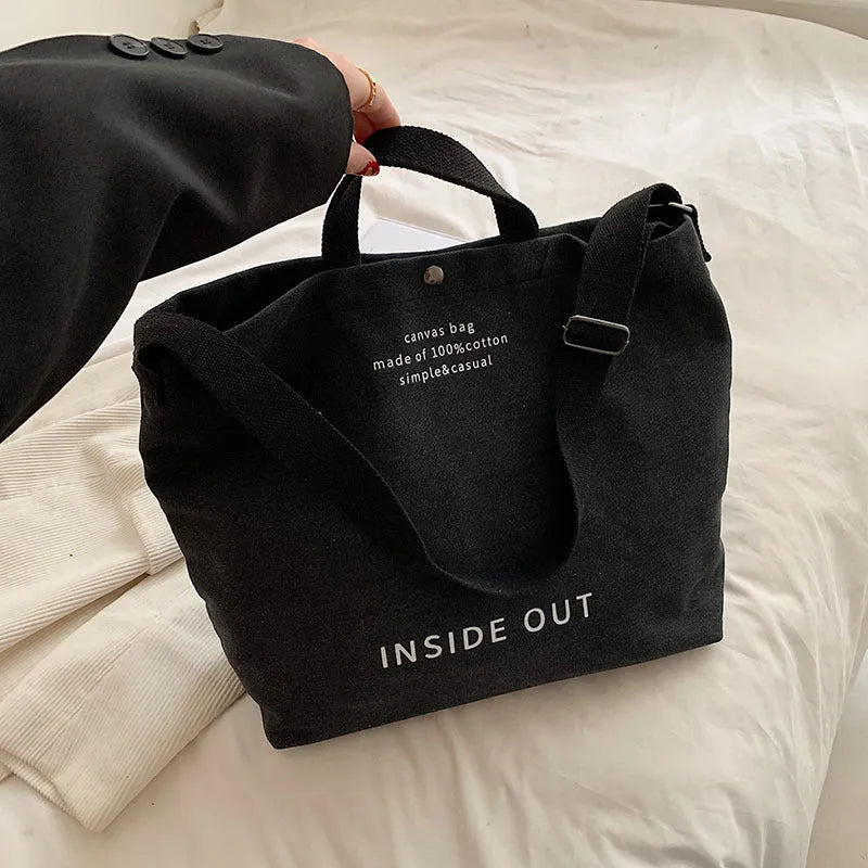Large-capacity canvas tote bag with alphabet print and adjustable strap in coffee colour