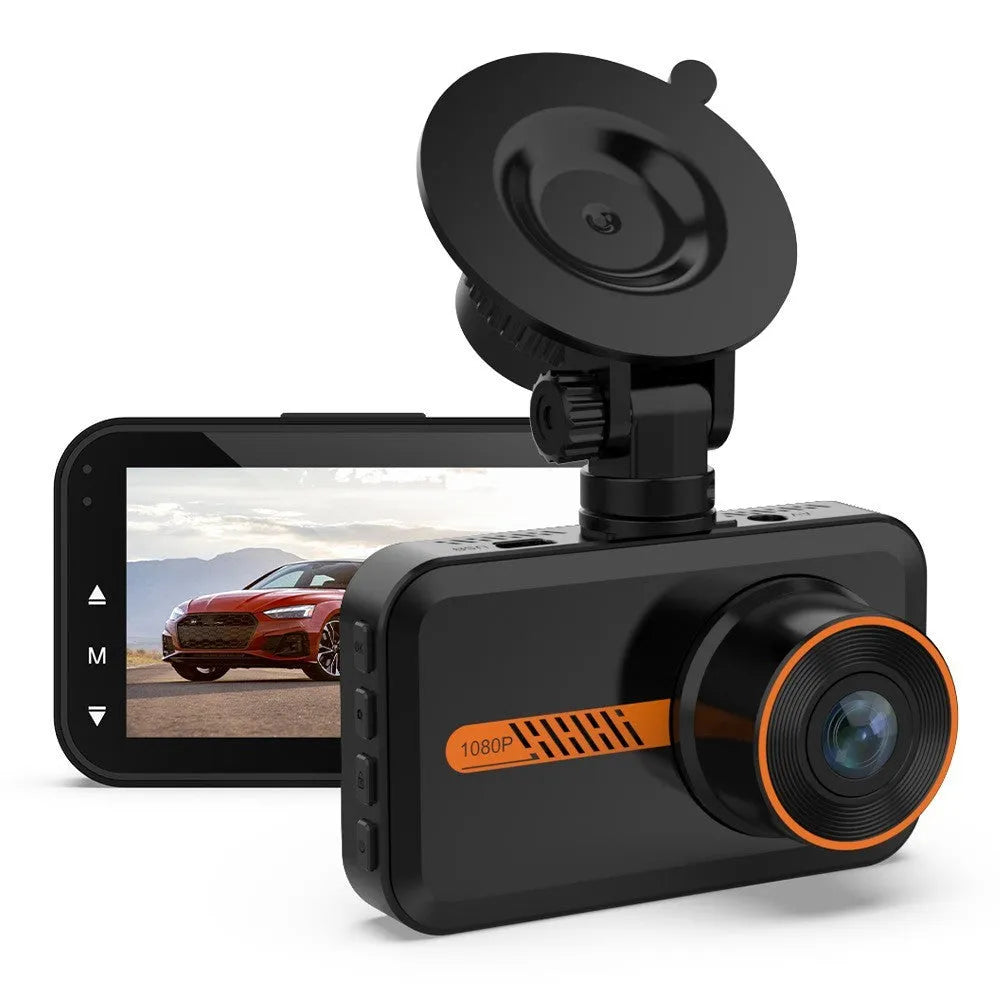 ThiEYE front and rear car dash cam system with 3-inch screen shown on a windscreen