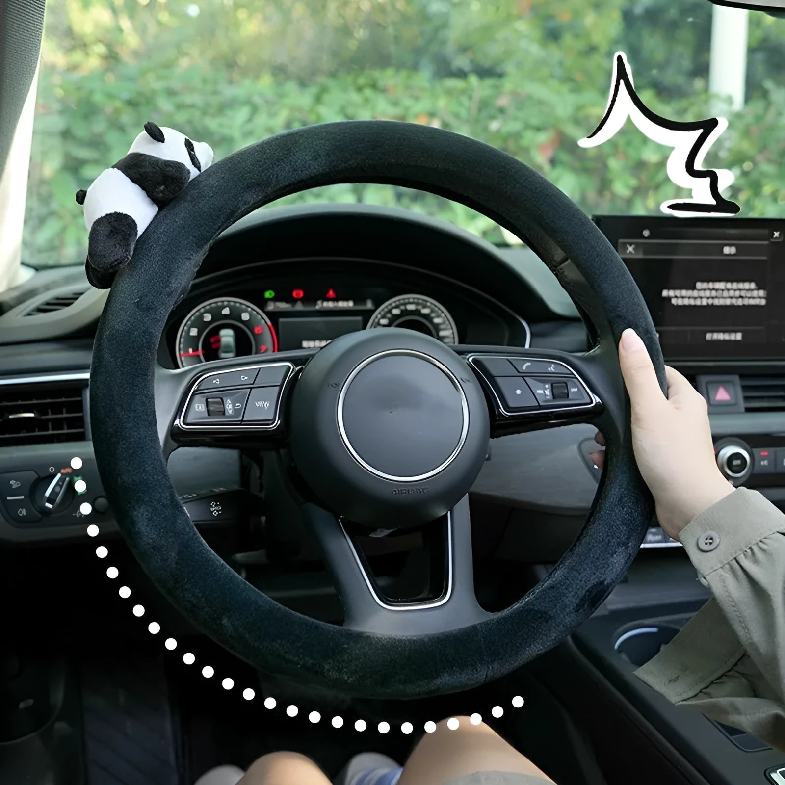 Plush black panda design steering wheel cover and matching shoulder pad set for 38cm wheels