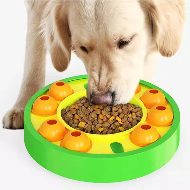 Square lake blue pet puzzle bowl with central slow-feeding column and top-mounted food turntable on a non-slip base.