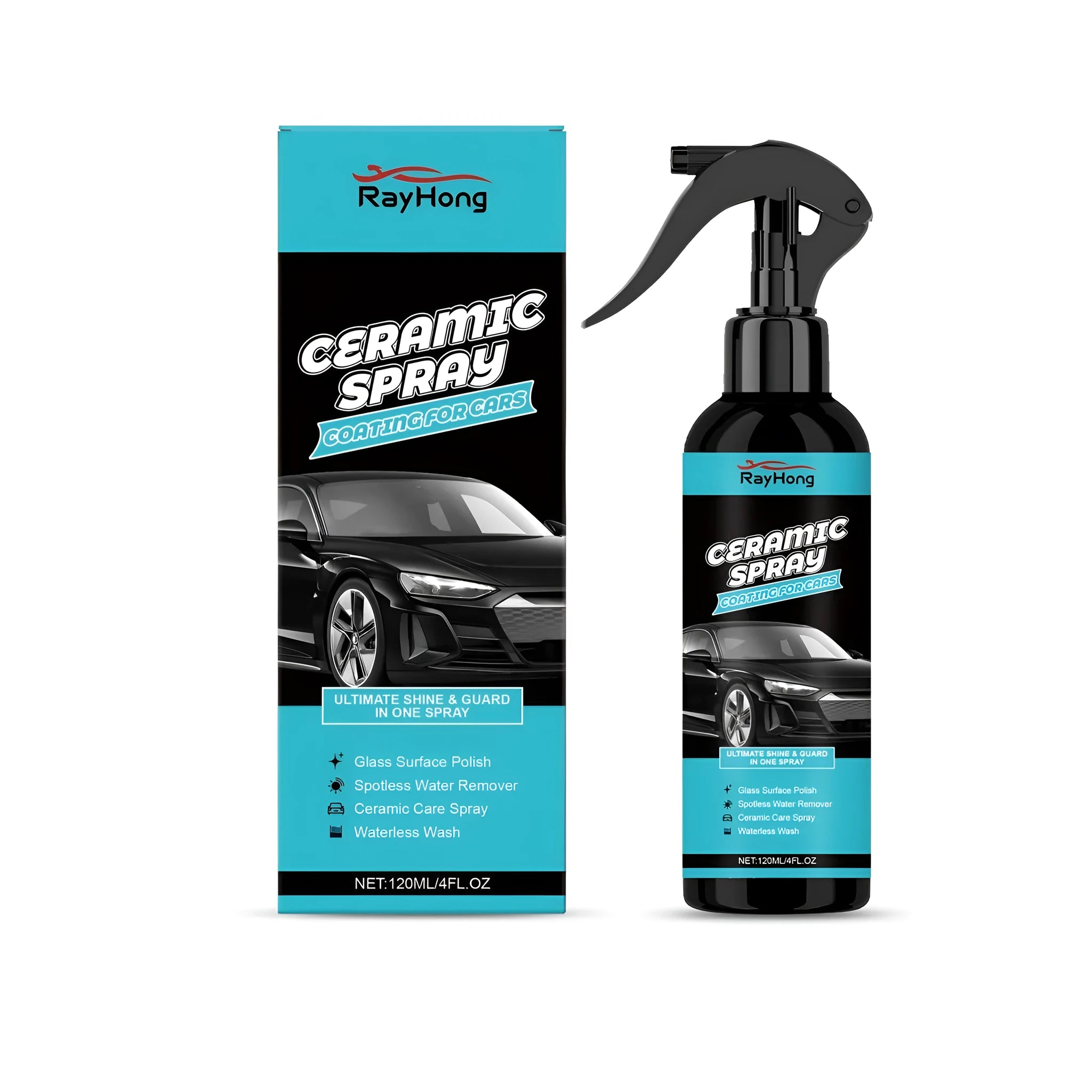 120ml bottle of PTFE ceramic coating spray for cars with an applicator cloth on a clean car bonnet.