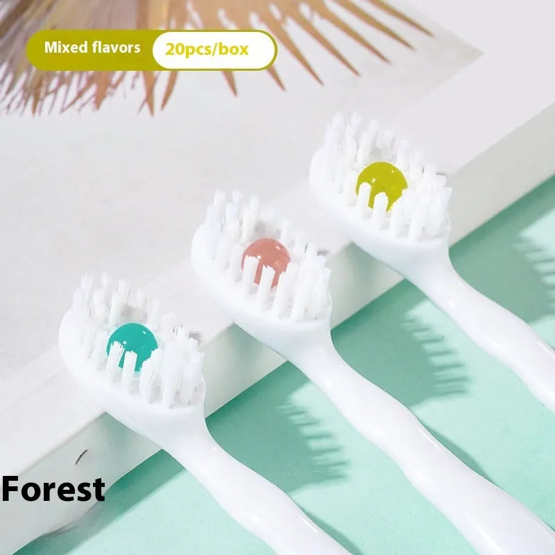 Box of individually wrapped disposable bead toothbrushes in mint, peach, and green tea flavours.