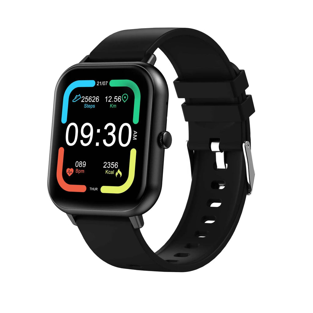 Bluetooth smart watch in black with a wrist strap, showing a TFT touchscreen display.