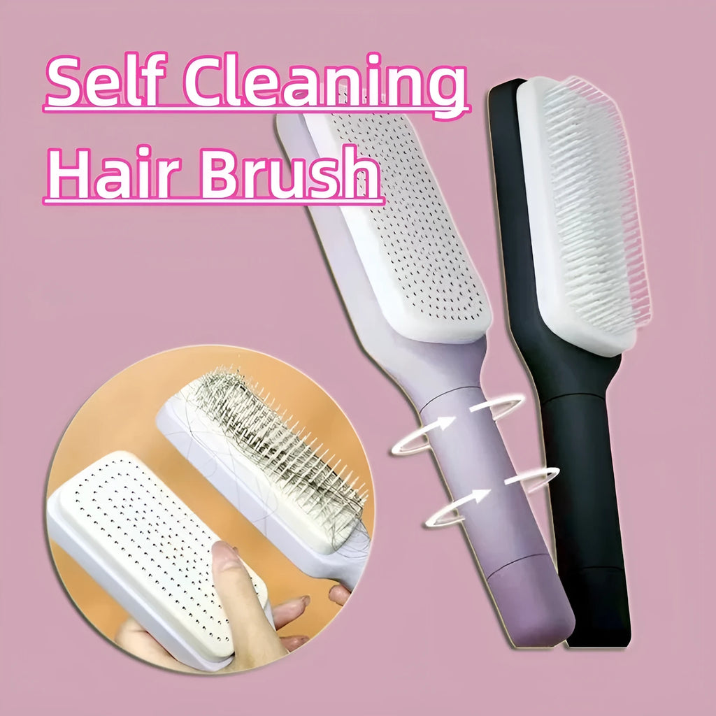 Roland purple self-cleaning hair brush with rotating telescopic handle and anti-static bristles.