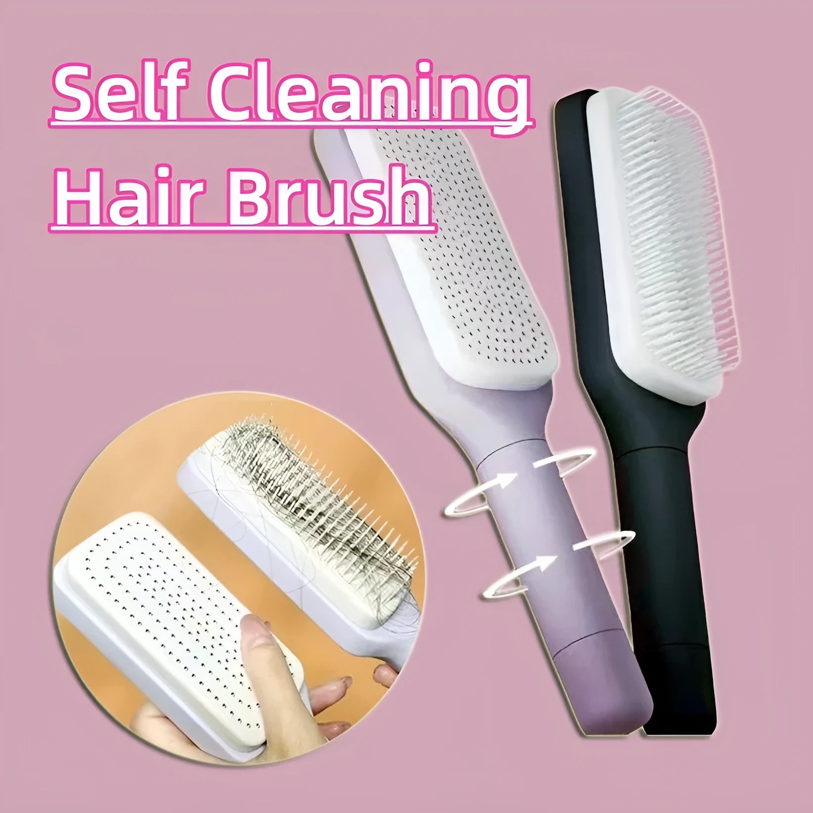 Roland purple self-cleaning hair brush with rotating telescopic handle and anti-static bristles.