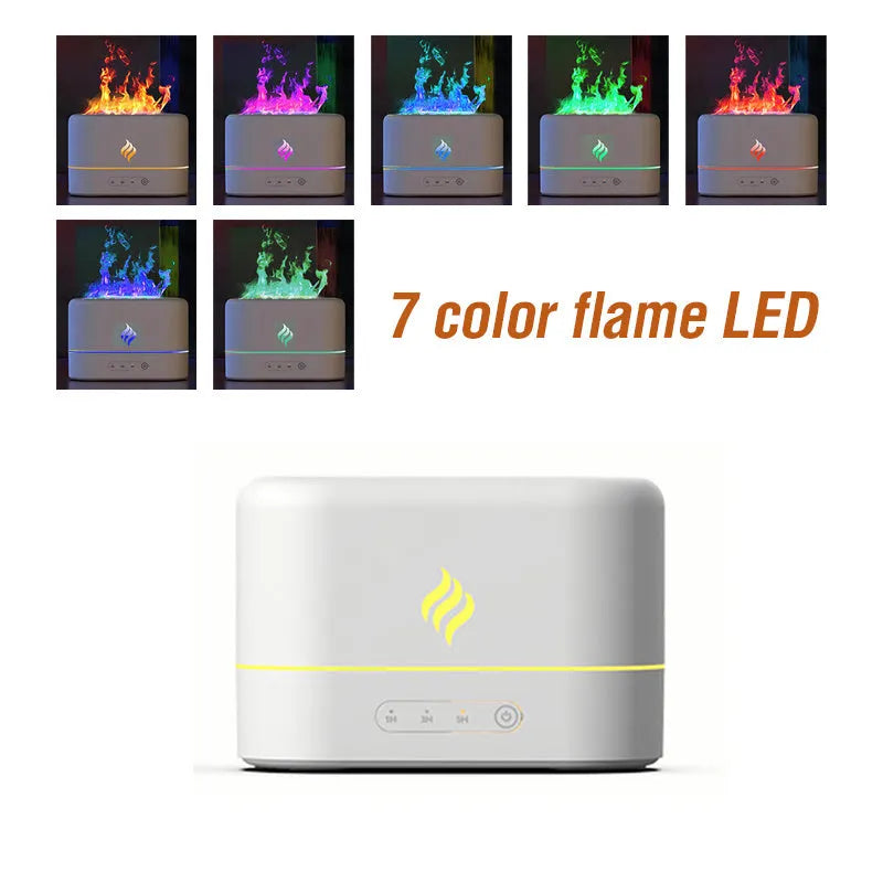 Black and white seven-colour flame effect USB aromatherapy humidifier on a surface, showing mist output.