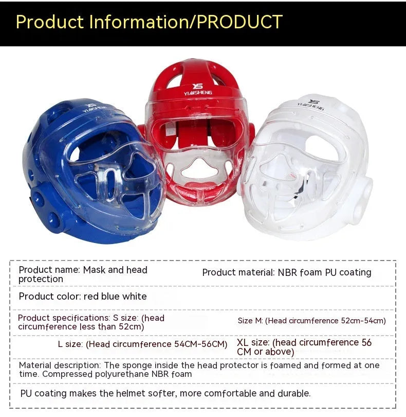 Karate helmet for boxing training in white, blue, or red colours with size options S, M, L, XL