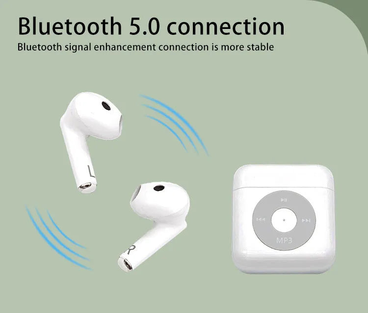 White wireless Bluetooth earphones with a semi-in-ear design and a matching charging case.