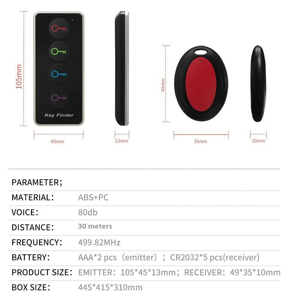 Wireless key locator one-to-four system with black emitter and four receivers, 40 metre range