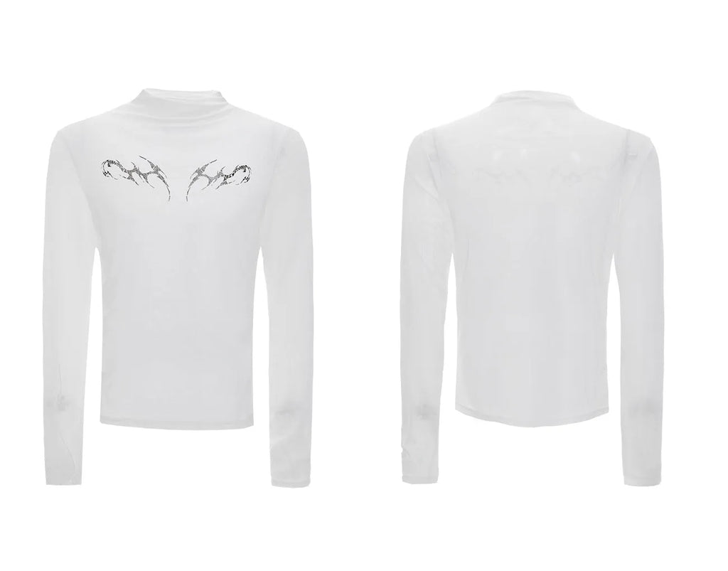 Black slim long sleeve mesh bottoming shirt on a hanger showing its fit and fabric texture.