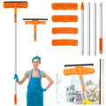 Two-in-one glass squeegee with stainless steel pole sections, rotating head and four cloth covers in blue, orange or grey