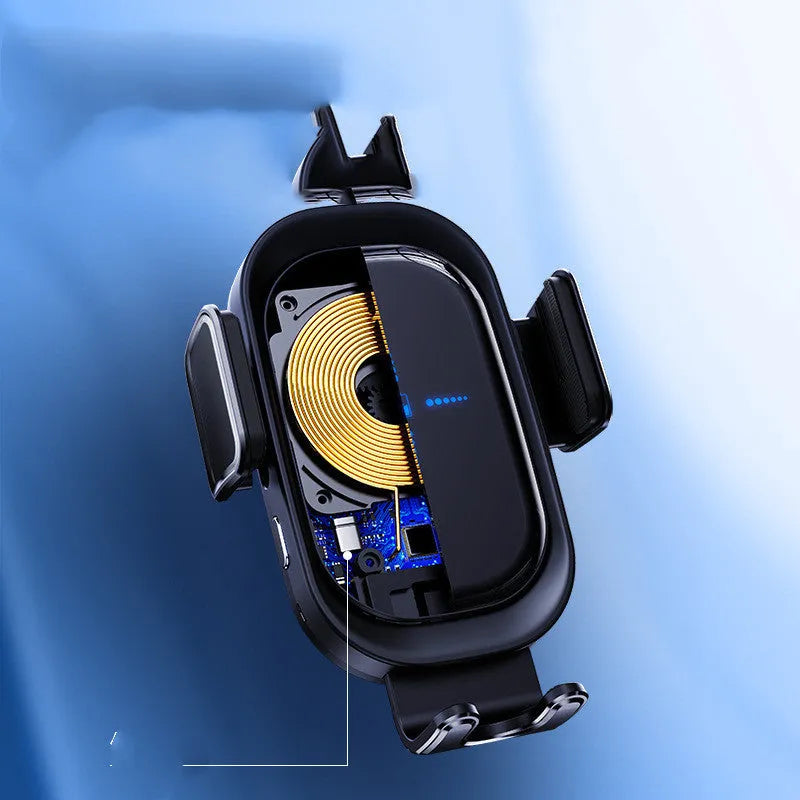 Black 08 induction car wireless charger with suction cup holder and air outlet clip, QI standard, 15W output