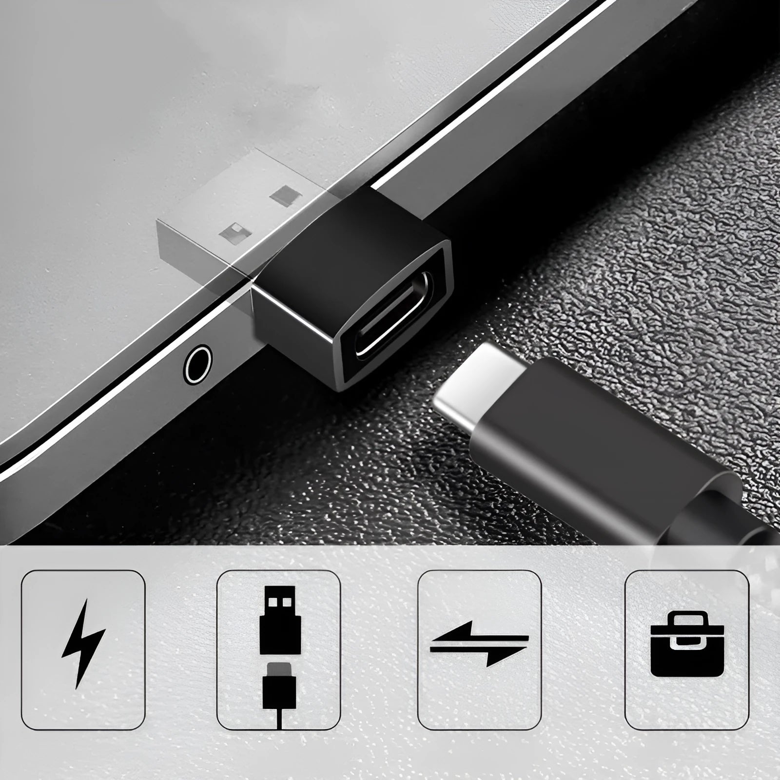 USB male to Type-C female adapter for charging and OTG connectivity in black or silver