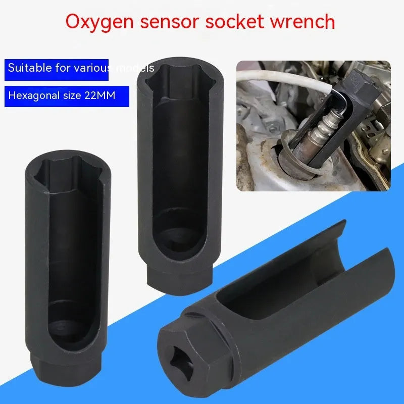 Black chromium vanadium steel oxygen sensor sleeve tool for 22mm nuts.