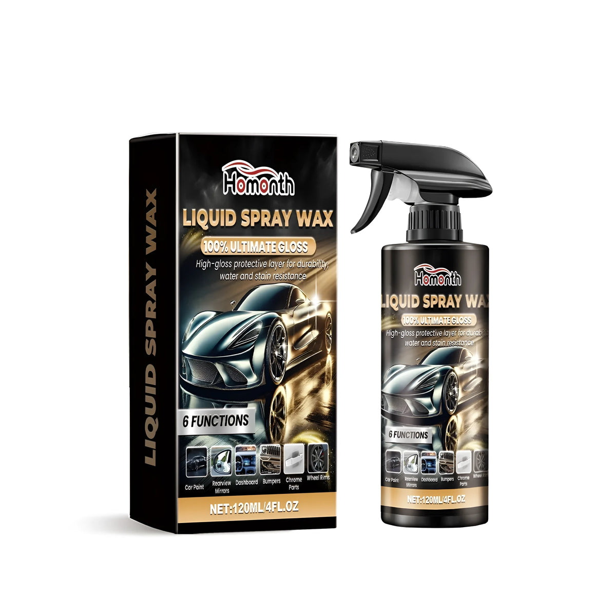120ml liquid spray wax bottle, 7.2 x 5.8 x 11cm, water-based spray for car detailing and home surface care