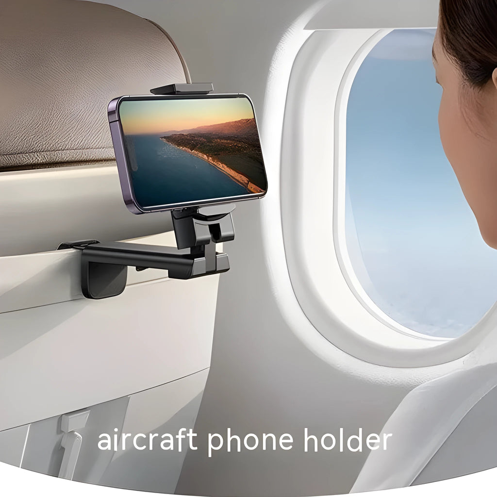 Foldable rotating universal mobile phone holder in black, shown open and closed, on a desk.