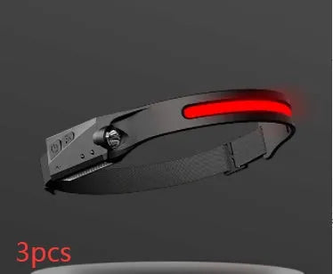 Black USB rechargeable headlamp with a wide COB LED lens and a side wave sensor on the headband.
