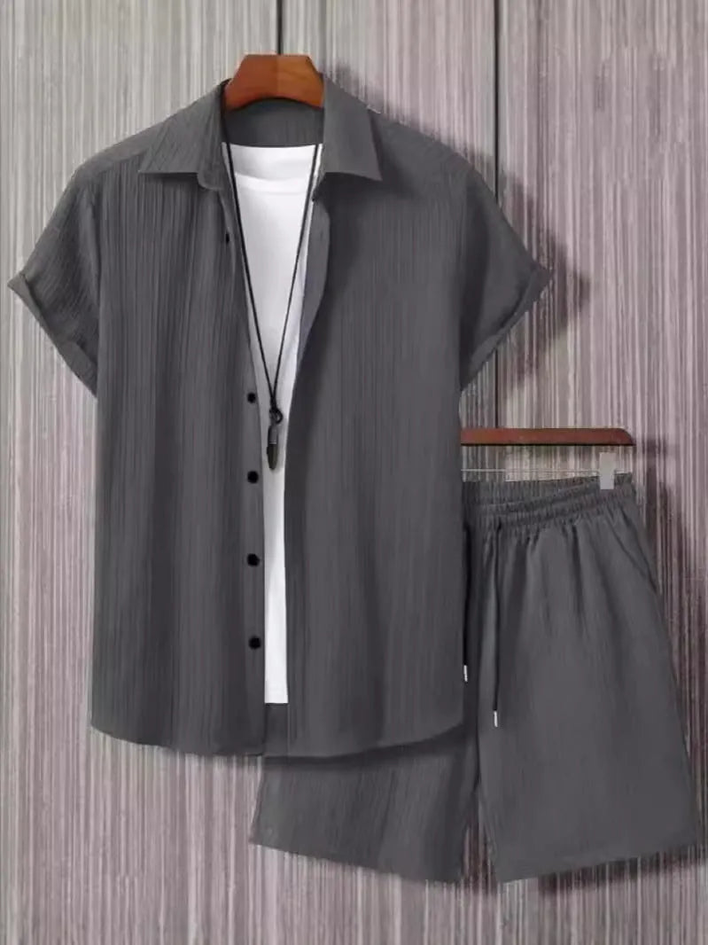 Mens jacquard short sleeve suit shirt and shorts set in solid colour with Asian sizing