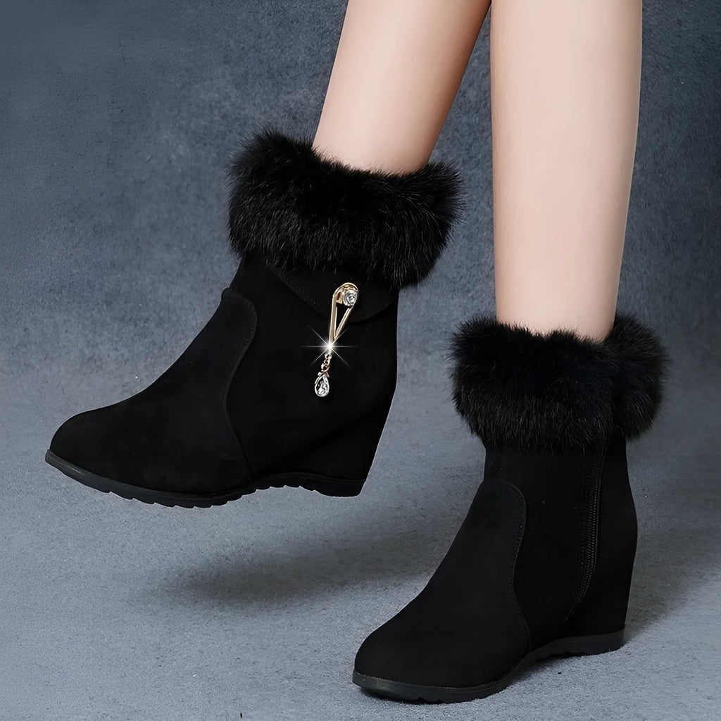 Women's height increasing insole snow boots, black fur upper, sizes 35 to 40, side view