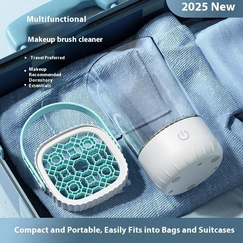 White rechargeable electric makeup brush cleaning unit with USB cable.