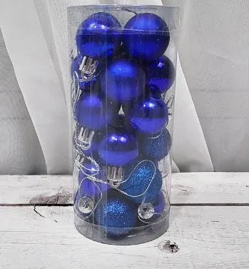 Assortment of 3cm diameter shiny matte plastic Christmas baubles in gold, red, silver, blue, and pink colours.