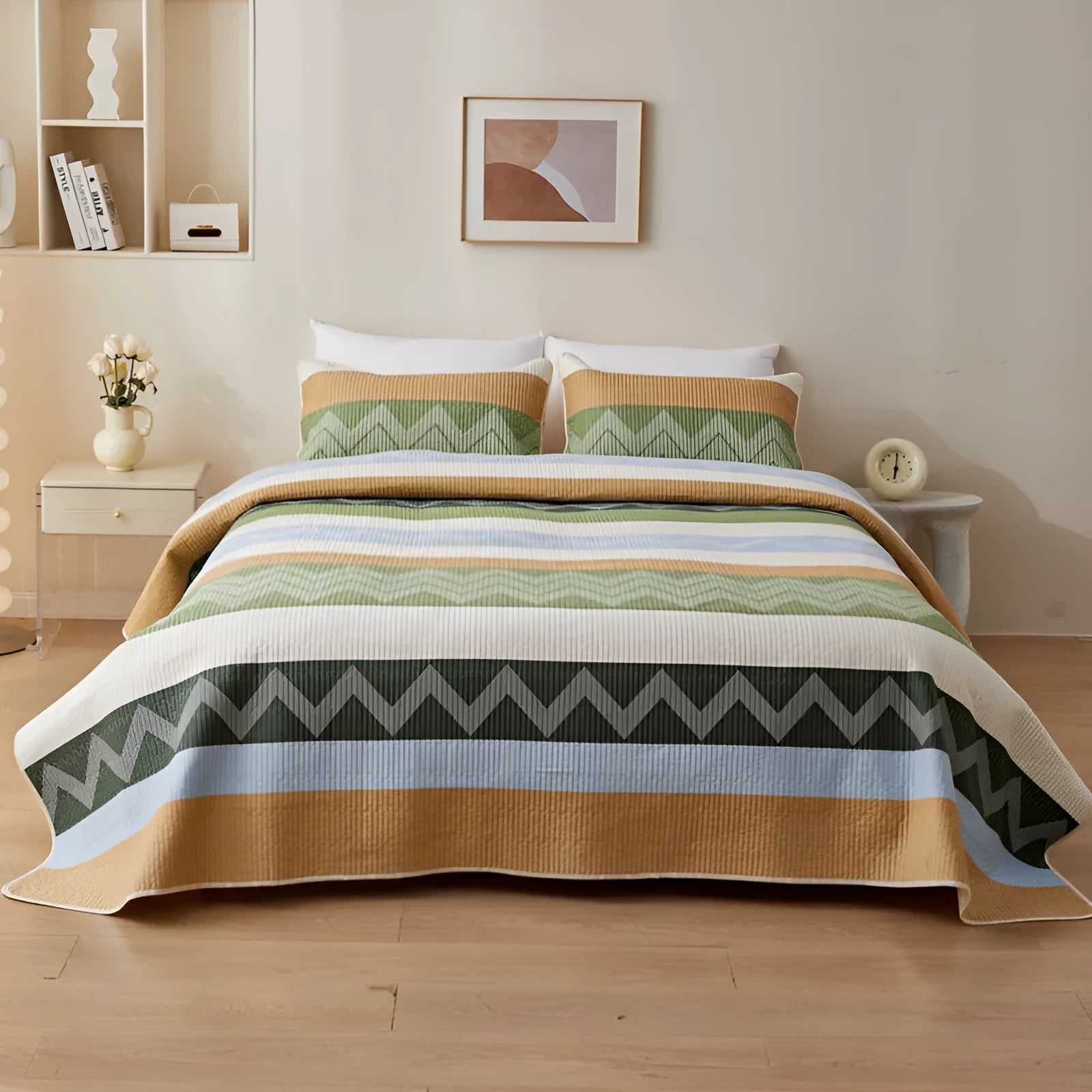 Pure cotton printed bed sheet three-piece set laid out on a bed, showing a modern pattern.