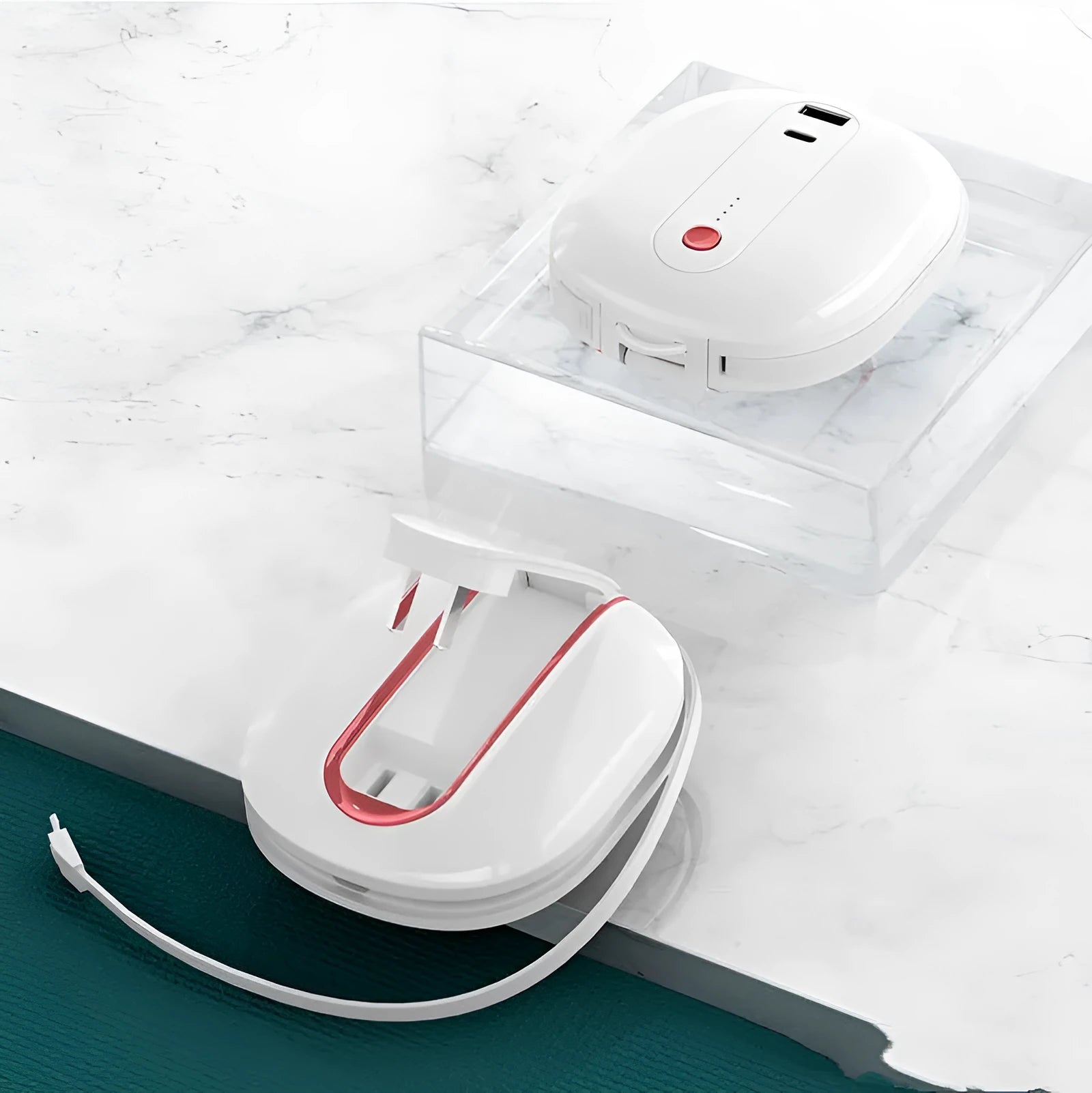 White power bank with built-in plug showing square aluminium case design and 10000mAh capacity