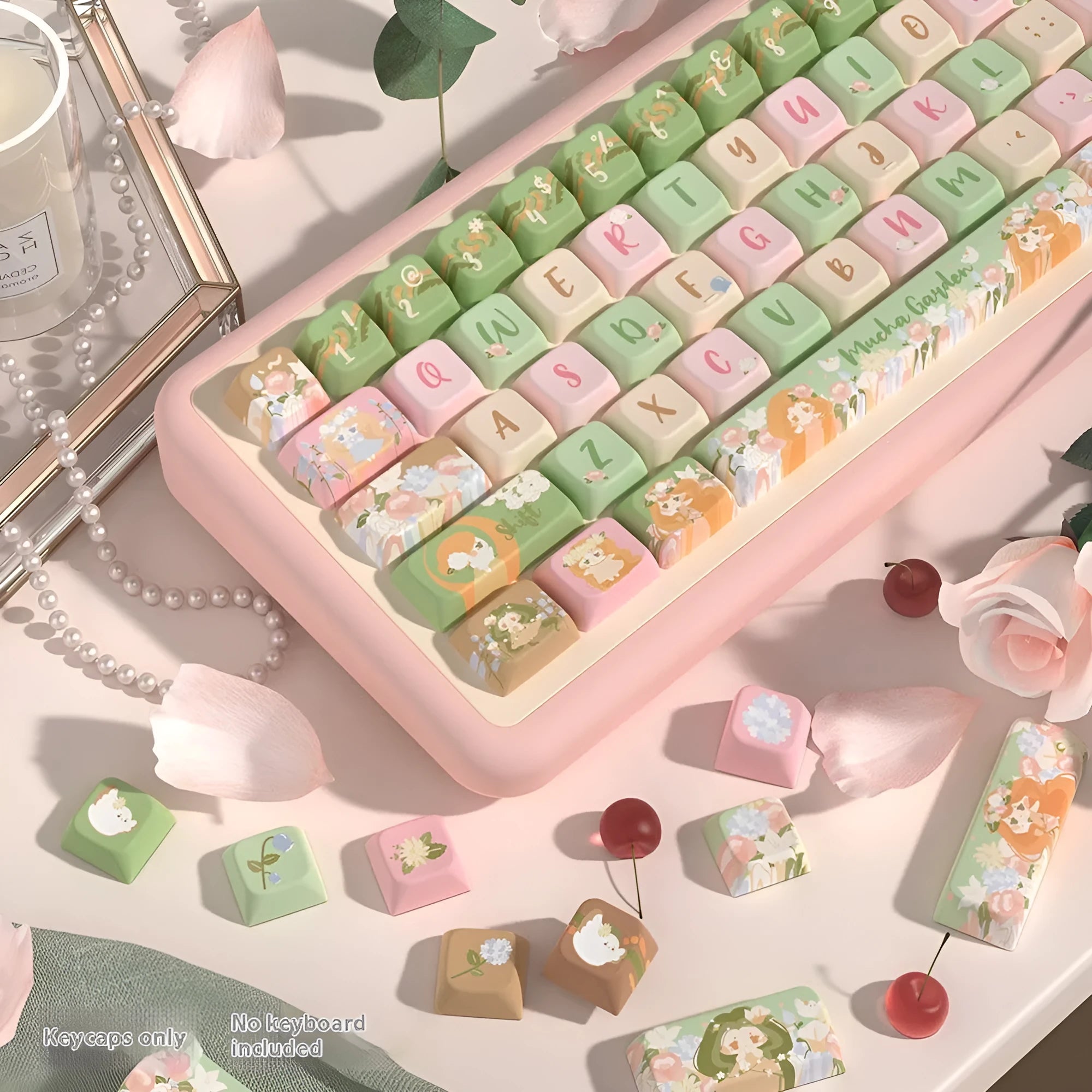 Summer Garden design mechanical keyboard keycaps with sublimation printing in 138-key or 158-key set options