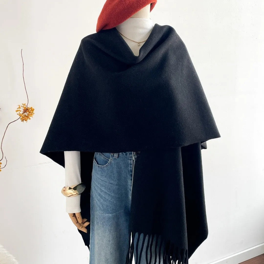 Solid colour jacquard imitation cashmere cloak robe in khaki light, 170x110cm warm outerwear